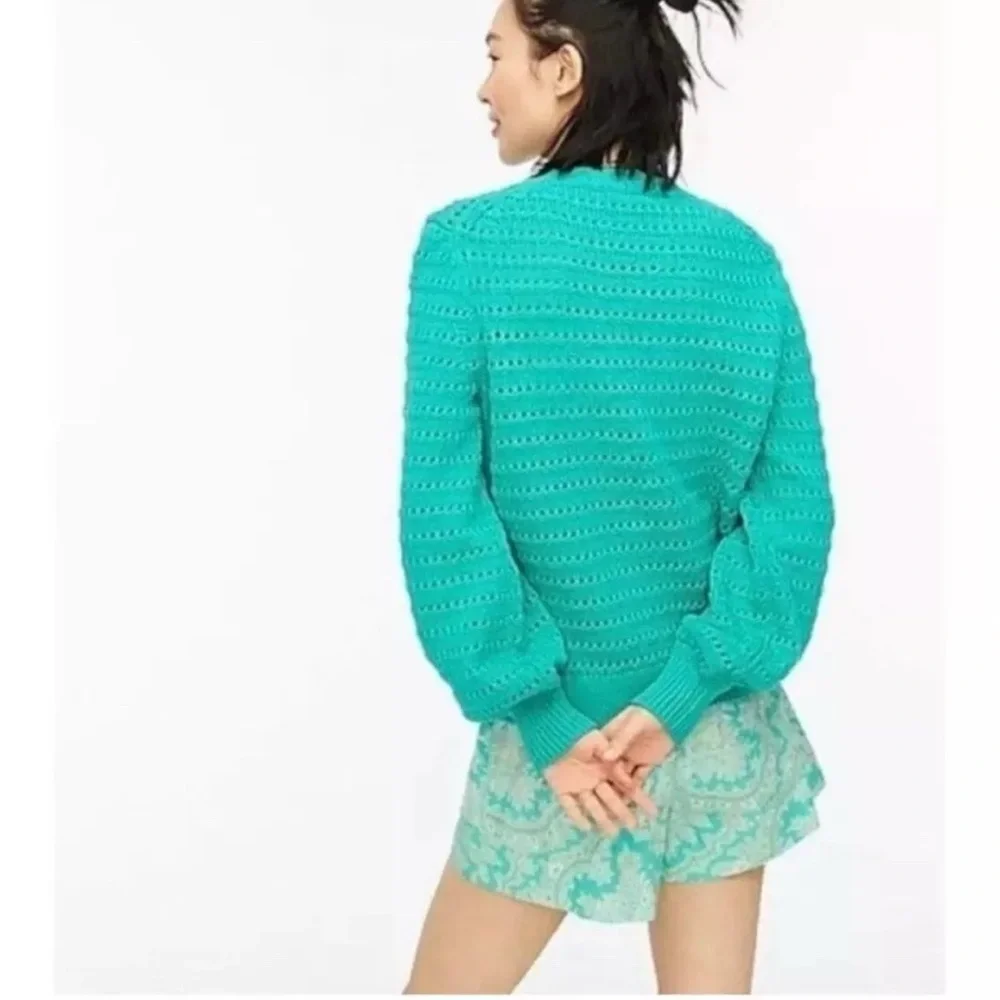 J. Crew Patina Green Balloon Sleeve Pointelle Crew Neck Sweater Sz S